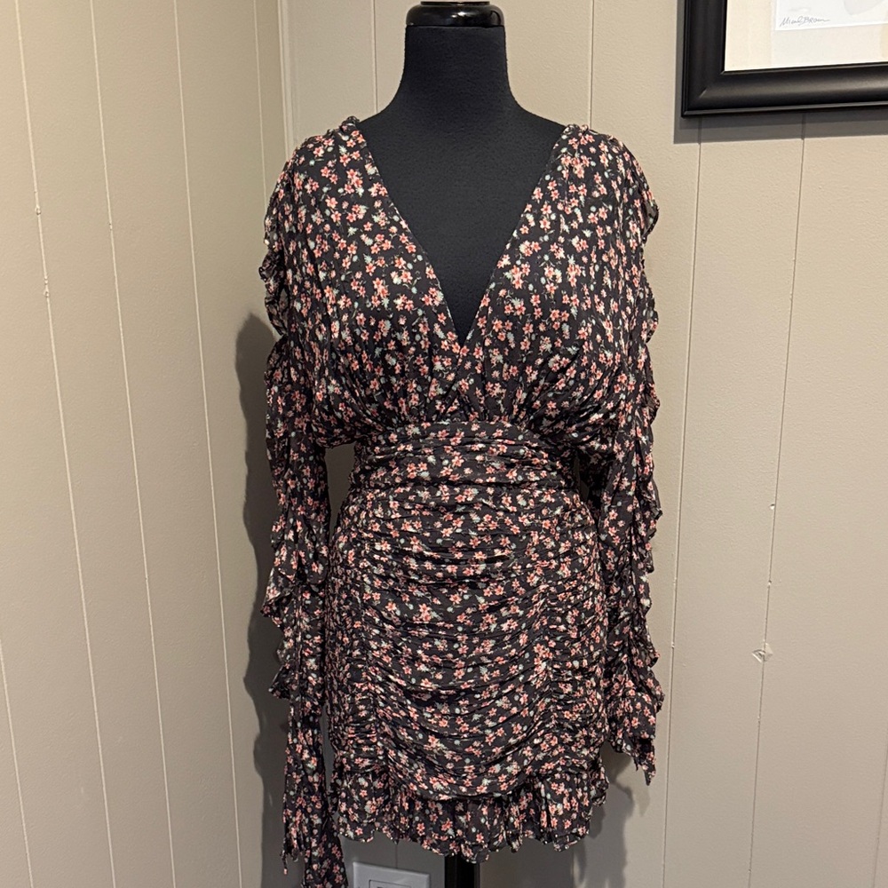 B21 Lovers + Friends Medium Gray Pink Boho Floral Long Sleeve Ruffle Midi Dress